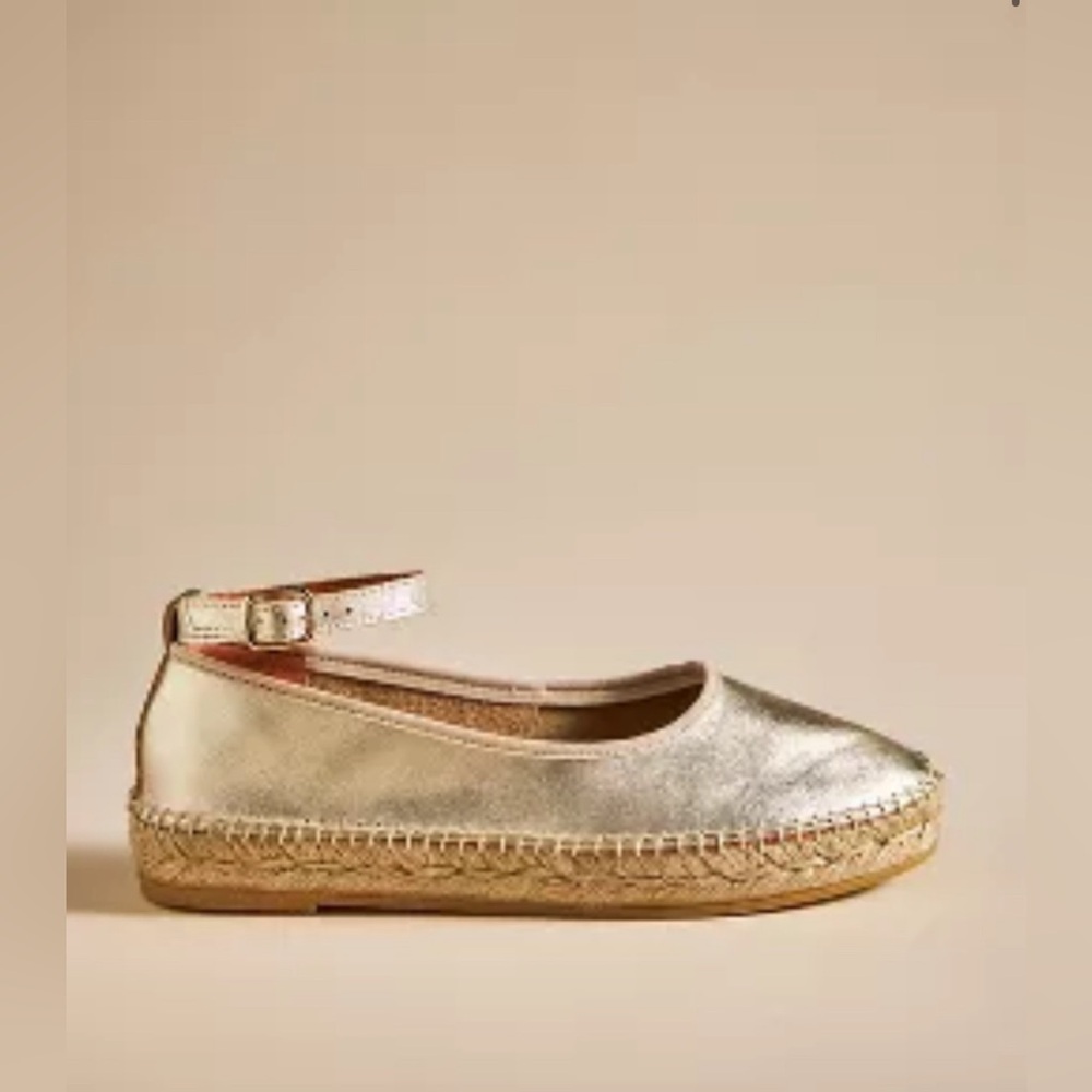 Anthropologie Metallic Gold Espadrille Flats with Ankle Strap